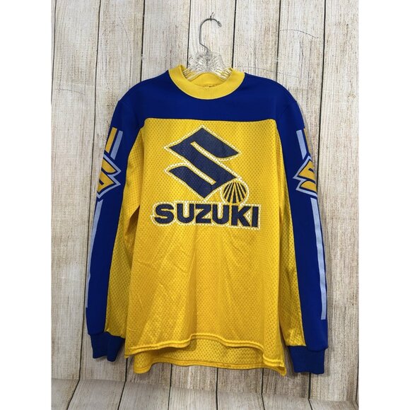 Vintage 70s Viking Suzuki Motocross Jersey M Yellow Blue Nylon Mesh MX Racing - Picture 1 of 10